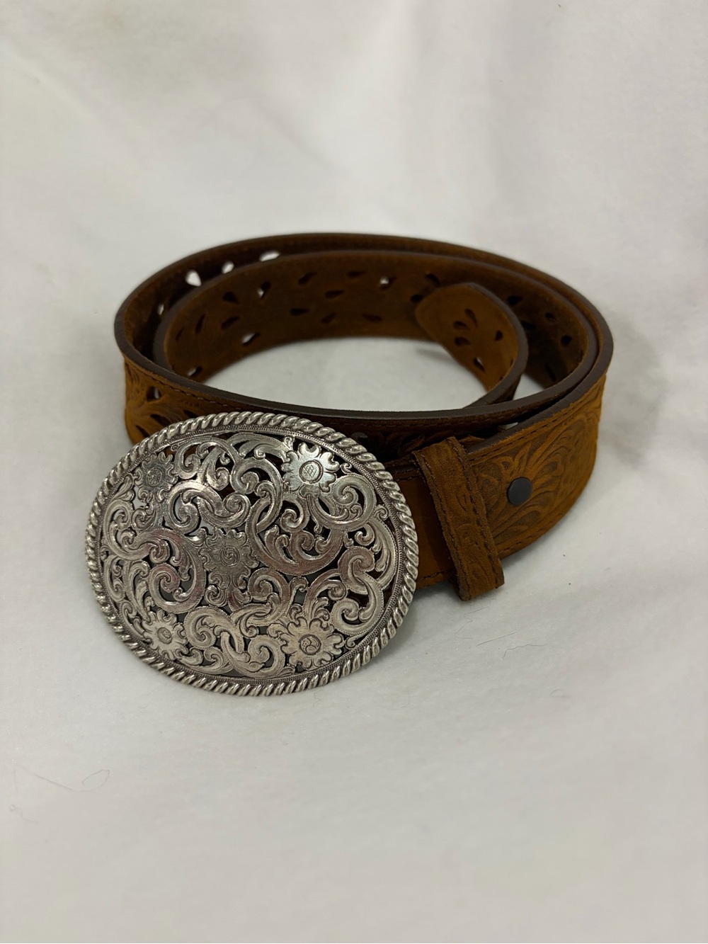 Tony Lama Women's Bark Pierced Filigree Trophy Belt Brown Leather C50029 Size 32